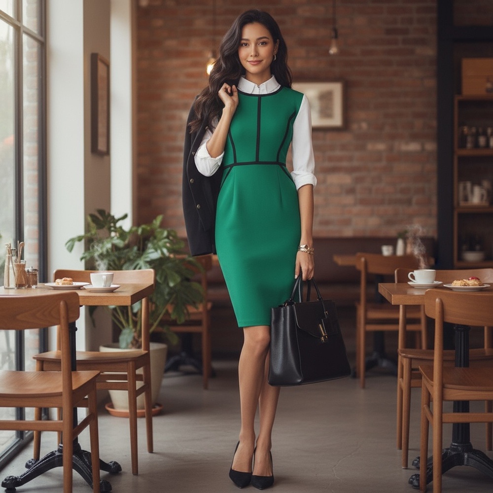 Elegant Green Sheath Dress with Contrast Trim - Women